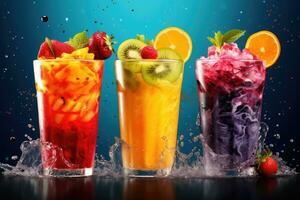 Fruit and berry smoothies in glasses with splashes on blue background, Fruit smoothies in glass with colorful splashes. Mixed media, AI Generated photo