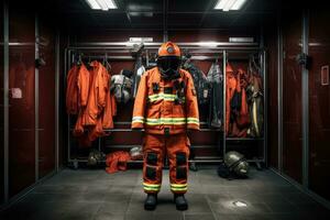 bombero en uniforme y máscara en pie en frente de el fuego estación, bombero búnker traje en el fuego estación, ai generado foto