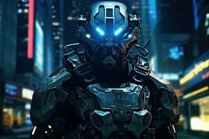 3D rendering of a male robot in a futuristic city at night, Stealth Guardians Elite troops equipped with high tech face masks and advanced stealth gear, seamlessly blending into, AI Generated photo