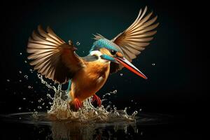 Kingfisher splashing in water on black background with clipping path, Female Kingfisher emerging from the water after an unsuccessful dive to grab a fish, AI Generated photo