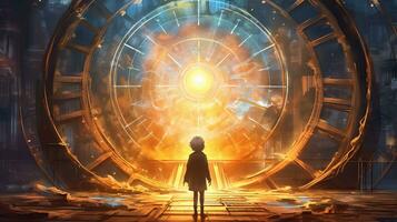 time traveler depict a visionary figure, digital art illustration, Generative AI photo