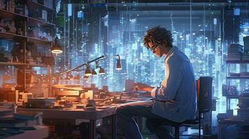 plain misguided scientist, digital art illustration, Generative AI photo