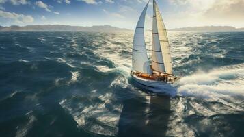 Aerial view of sailboat in windy condition. Regatta sailing ship yachts with white sails at open sea. Generative AI photo