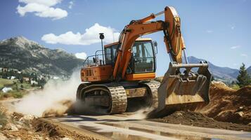 A Wide-Angle View of Excavator at Work. Generative AI photo