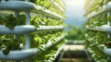 Close-up View Of Vertical Hydroponic Plant System With Cultivated Lettuces, Generative AI photo