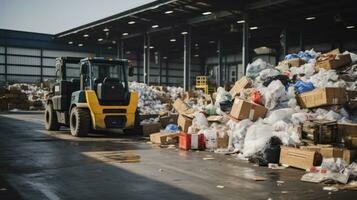 From Waste to Worth. Landfill and recycling centre full with sorted garbage that is ready for recycling. Generative AI photo