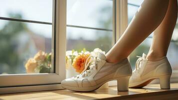 A Woman's Shoes Poised Gracefully on a Sunlit Window Sill. Generative AI photo