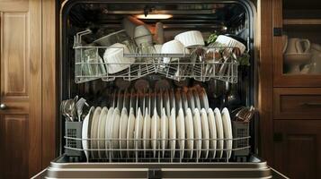 Sparkling Clean - Top view of open dishwasher with clean dishes in the vintage wood kitchen. Generative AI photo