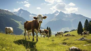 idílico escenas de un vaca en montaña pastos. generativo ai foto