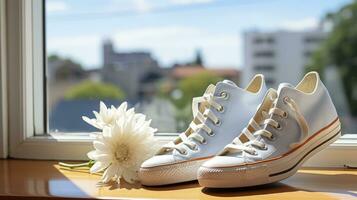 A Glimpse of a Woman's Shoes Artfully Resting on a Window Sill. Generative AI photo