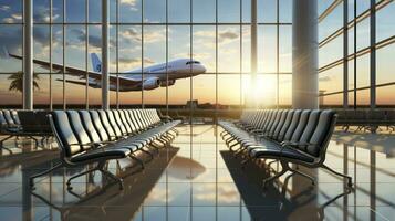 vacío aeropuerto terminal salón con avión en antecedentes. generativo ai foto