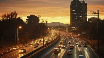 un vívido representación de ciudad vida durante el frenético momentos de puesta de sol tráfico. generativo ai foto