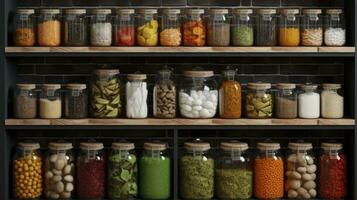 Organised Pantry Items, Fruits, Vegetables And Preserved Foods In Jars On Kitchen Shelf. Generative AI photo