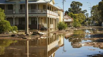 Ravages of the Deluge. Buildings Bear the Brunt of Flooding. Generative AI photo