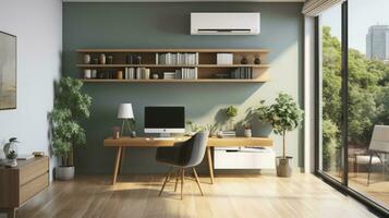 Optimized Work Nook. Home Office with Cooling System, Table, Desktop Computer And Wooden Cabinet. Generative AI photo