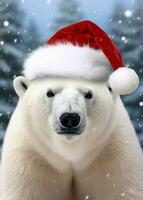 A white polar bear in a red Santa Claus hat. New year or Christmas concept. Generative AI photo