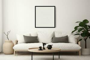 Modern interior design, Mockup poster frame on the wall of living room.AI generative photo