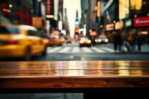 Wood table mockup with New York city street. Copy space for product. Generative AI photo