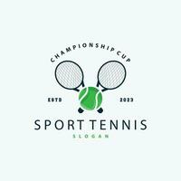 tenis Deportes logo, pelota y raqueta diseño para sencillo y moderno torneo campeonato Deportes vector