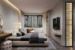 A View of a Bright and cozy bedroom, Window view, Wall units, TV with wall attached unit, dressing in the room, 3D rendering photo