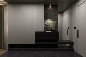 Simple and classy foye space interior with white cabinet, stone wall, 3D rendering photo