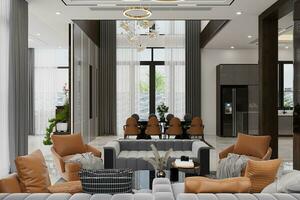 3D illustration of high-end, luxury, stylish living room interior with modern sofa, and chairs. 3d renderings photo