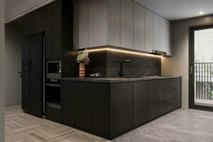 abierto cocina interior con refrigerador, horno, negro isla, 3d representación foto
