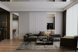 contemporáneo moderno interior diseño asignado en vivo espacio, sofá, ventana, sillón, 3d representación foto