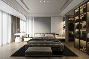 Luxurious bedroom interior with Cozy and effortless bed, White ceiling, closet, 3D rendering photo