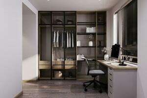 A Closet with a wall unit that organizes Books, Vase, Clothes, and other personal stuff, near the window and table, 3D rendering photo