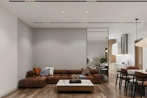 Modern minimalist interior with a modular sofa on an empty gray color wall background. 3D rendering photo