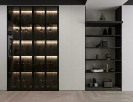 Some drinks and glasses are displayed into the bar, some expensive accessories into the wall unit, and 3D rendering photo