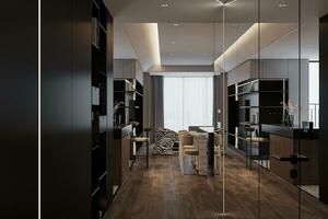 Black Wall Cabinet and Glass cabinet in a foyer space, 3D rendering photo