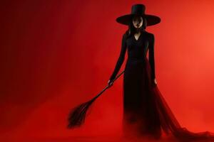 A mysterious witch clad in a floor-length black dress with black hat and broom, she exudes an aura of power and darkness. Red foggy background enhances the dramatic effect. Generative AI photo