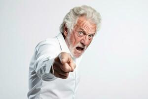 Senior man with furious expression and outstretched finger convey a sense of anger. Isolated on white background. Generative Ai photo