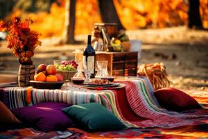 A unique concept featuring a Thanksgiving meal set up outdoors, with a picnic blanket, colorful leaves, and a relaxed atmosphere. Generative Ai photo