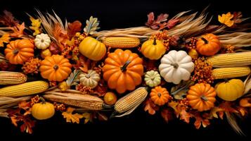 a group of pumpkins and corn on a black background ai generative photo