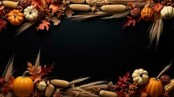 a group of pumpkins and corn on a black background ai generative photo