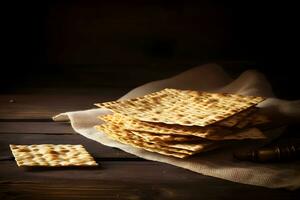 Pesah celebration concept jewish Passover holiday. Matzo bread. Neural network AI generated photo