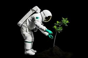 Astronaut planting a tree on the moon or mars. Neural network AI generated photo