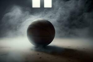 baloncesto en Corte piso cerca arriba con borroso arena en antecedentes. neural red generado Arte foto