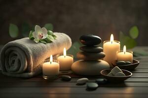 Beauty spa treatment and relax concept. Hot stone massage setting lit by candles. Neural network AI generated photo