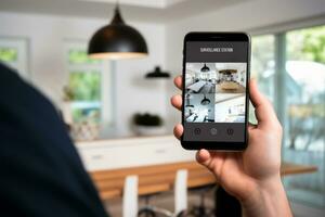 A homeowner remote monitoring their home's security cameras and alarm system from a central hub. Generative Ai photo