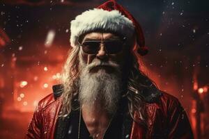 Rugged and cool interpretation of Santa Claus. He is wearing sunglasses and red leather jacket. Alternative bad Santa Claus. Generative AI photo