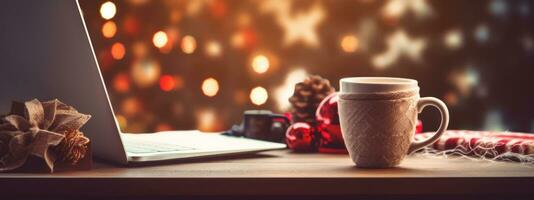 A neatly arranged desk with a computer, holiday decorations, and a hot cocoa mug. Festive banner concept. Generative Ai photo