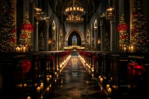 Beautifully decorated church interior with candlelit pews, emphasizing the spiritual aspect of Christmas celebrations. Generative Ai photo