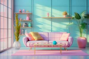A well-composed interior shot of a living room with '90s furniture, featuring vaporwave elements like pastel colors and geometric shapes. Generative Ai photo