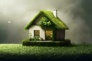 Environment friendly house with green background AI Generated photo