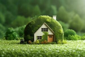 Environment friendly house with green background AI Generated photo