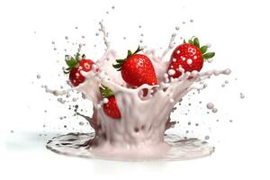 milk or yogurt splash with strawberries isolated on white background, Ai Generated photo